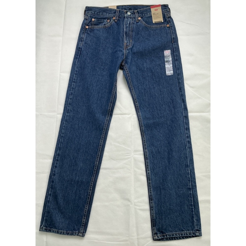 Levis 505 Jeans Mens 32x32 Regular Fit Straight Leg Dark Blue Wash Denim NEW